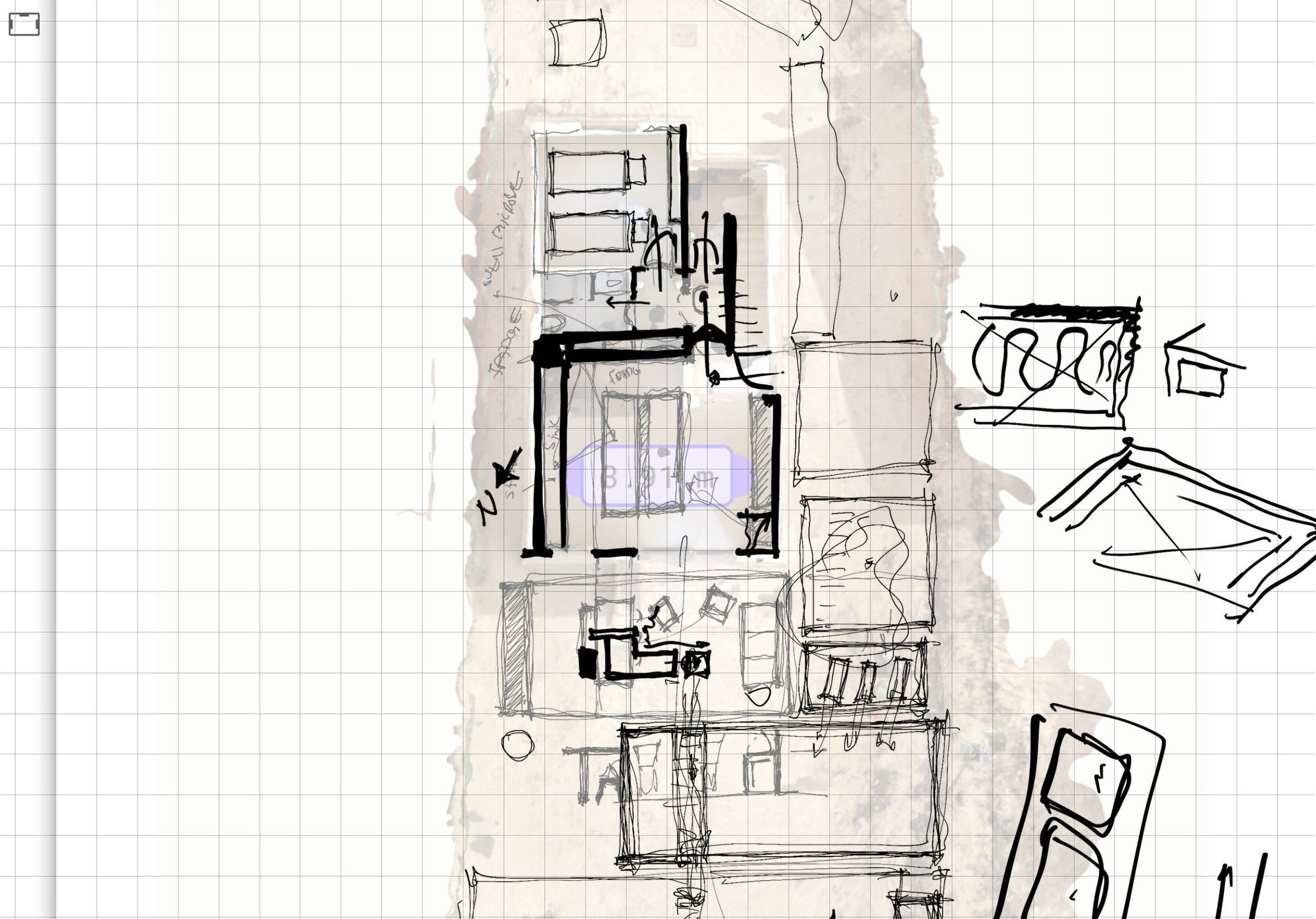 Hand sketch exploring rooms and furniture